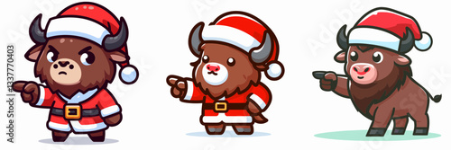 Bison wear Santa Claus costumes pointing forward a simple vector graphic illustration depicting jolly winter festivities