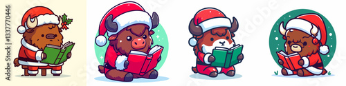 Bison wear Santa Claus costumes reading a book a simple vector graphic illustrating a peaceful winter scene