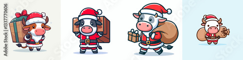 Cow wear Santa Claus costumes carrying a large object vector graphic simple minimalist doodle depicting a festive bovine scene