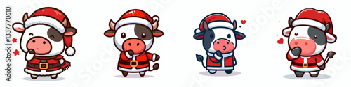 Cow wear Santa Claus costumes blowing a kiss a simple vector graphic of a festive bovine.
