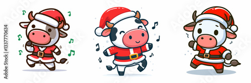 Cow wear Santa Claus costumes dancing groovy minimalist vector illustration of festive bovine fun