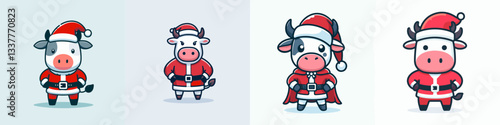 Cow wear Santa Claus costumes hands on hips minimalist vector graphic a jolly bovine holiday scene