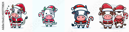 Cow wear Santa Claus costumes holding a candy cane vector graphic a jolly farm scene simple minimalist doodle