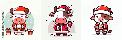 Cow wearing Santa Claus costumes holding a cup of hot chocolate vector graphic simple minimalist doodle design for a festive winter scene