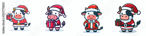 Cow wear Santa Claus costumes holding a present vector graphic simple minimalist doodle a festive farm scene