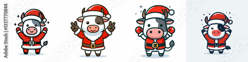 Cow wear Santa Claus costumes hands raised in celebration vector illustration a joyful Christmas scene