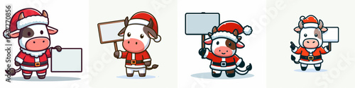 Cow wear Santa Claus costumes holding a sign vector graphic a jolly bovine holiday scene simple minimalist doodle
