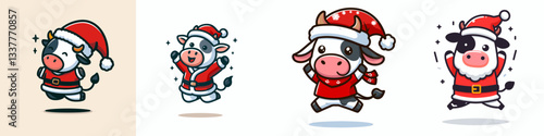 Cow wear Santa Claus costumes jumping with joy a simple vector graphic depicting a happy holiday scene