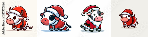 Cow wear Santa Claus costumes leaning forward a simple vector graphic depicting a festive bovine scene