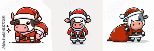 Cow wear Santa Claus Costumes Peeking from Behind a simple vector graphic of jolly bovine holiday cheer