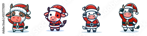 Cow wearing Santa Claus costumes sitting on a bench a simple vector graphic depicts a jolly winter scene