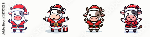 Cow wear Santa Claus costumes standing with arms open wide a simple vector illustration of bovine holiday cheer