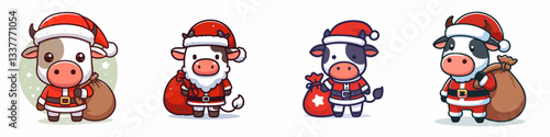 Cow wear Santa Claus costumes standing with a sack on shoulder a minimalist vector drawing of jolly bovine holiday spirit