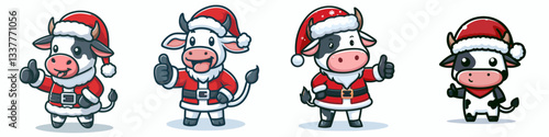 Cow wear Santa Claus costumes thumbs up vector graphic a jolly bovine holiday scene minimalist doodle