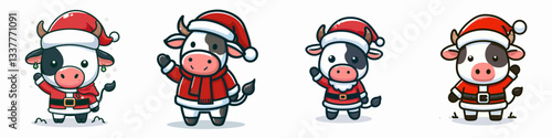 Cow wear Santa Claus costumes waving hand a simple vector graphic of jolly bovine holiday cheer