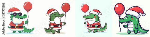 Crocodile wear Santa Claus costumes holding a balloon graphic simple minimalist doodle of a reptile celebrating Christmas.