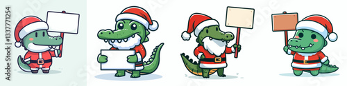 Crocodile wear Santa Claus costumes holding a sign vector illustration a festive reptile holiday graphic