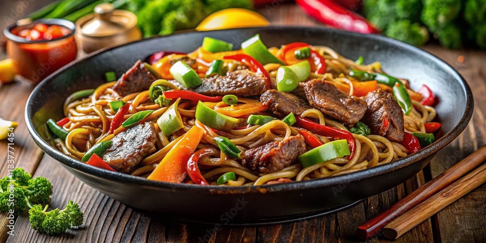 Panoramic Delicious Yakisoba Noodles with Beef and Vegetables - Japanese Cuisine Panoramic Delicious Yakisoba Noodles with Beef and Vegetables - Japanese Cuisine