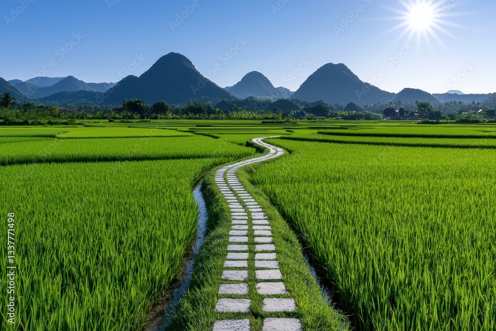 A serene pathway winding through vibrant green rice fields under a clear blue sky. A serene pathway winding through vibrant green rice fields under a clear blue sky.