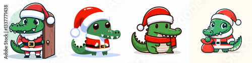 Crocodile wear Santa Claus costumes peeking from behind a minimalist vector graphic of festive swamp scene