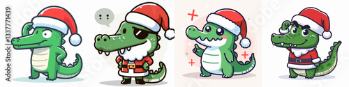 Crocodile wear Santa Claus costumes raising one eyebrow a minimalist vector drawing depicting festive reptiles.
