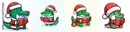 Crocodile wearing Santa Claus costumes reading a book vector graphic simple minimalist doodle illustration depicts a reptile enjoying Christmas literature.