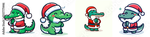 Crocodile wearing Santa Claus costumes praying hands gesture a simple vector illustration of a festive reptile