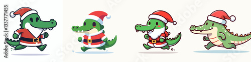 Crocodile wear Santa Claus costumes running a minimalist doodle graphic of festive reptiles hurrying towards Christmas.