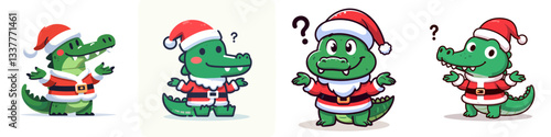 Crocodile wear Santa Claus costumes shrugging minimalist vector drawing a festive reptile enjoying the holidays