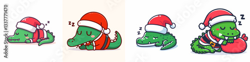 Crocodile wearing Santa Claus costumes sleeping peacefully a minimalist vector drawing depicts a reptile enjoying Christmas rest.