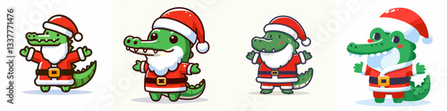 Crocodile wear Santa Claus costumes standing with arms open wide a minimalist vector drawing shows festive reptile joy.
