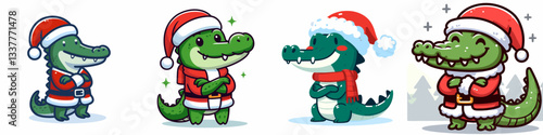 Crocodile wear Santa Claus costumes smiling with arms crossed vector graphic a jolly reptile holiday minimalist doodle