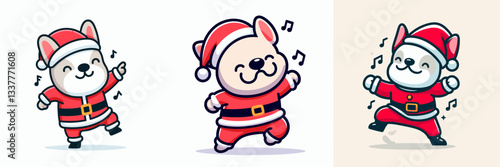 French Bulldog wearing a Santa outfit dances and grooves a simple vector graphic