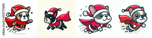 French Bulldog wearing a Santa outfit flies with a cape a minimalist vector graphic of festive flight