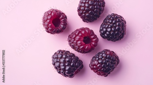close-up of dark purple raspberries on a isolated pink background