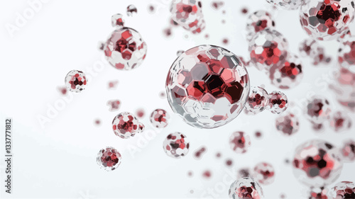 The image displays numerous translucent, spherical shapes against a white background. The spheres are predominantly transparent with internal red speckles or fragments, suggesting a