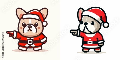French Bulldog wearing a Santa outfit points forward a simple vector graphic illustration of a festive pup