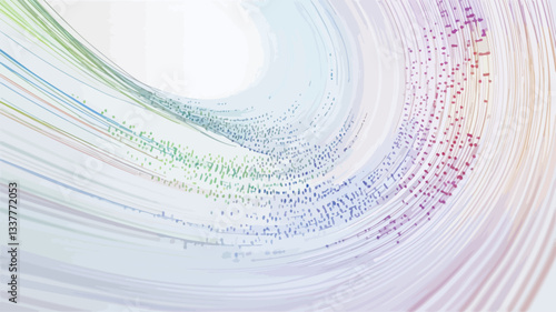The image is an abstract digital artwork featuring swirling light trails. The trails are primarily pastel colors, including shades of pink, purple, green, and blue, creating a rainbow-like effect.