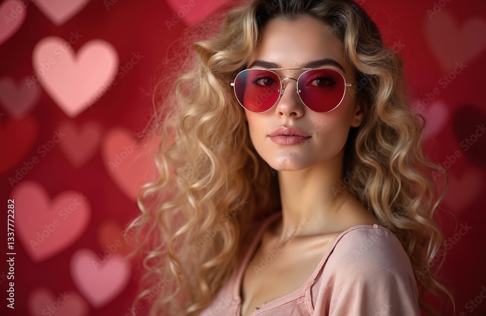 Portrait of blonde woman in red sunglasses against red heart pattern background. Stylish girl celebrates Valentines Day. Lady with wavy hair, trendy eyewear, expresses love, romance. Portrait of blonde woman in red sunglasses against red heart pattern background. Stylish girl celebrates Valentines Day. Lady with wavy hair, trendy eyewear, expresses love, romance.