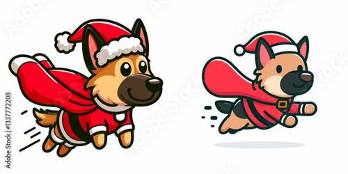 German Shepherd Dog wearing a Santa outfit flying with a cape a minimalist vector drawing of a festive canine superhero