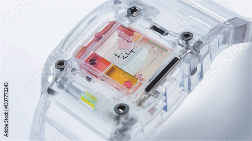 Close-up shot of a transparent wristwatch showcasing its internal mechanism. The watch features a clear, plastic casing revealing colorful components, including what appear to be gears and other