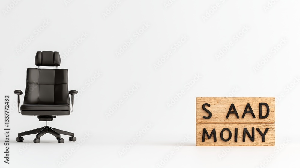 Fototapeta premium A sleek black office chair next to wooden blocks with the words 'S AAD MOINY'.