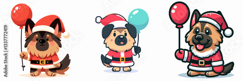 German Shepherd Dog wearing a Santa outfit holding a balloon vector graphic a joyful Christmas pup