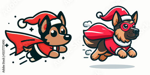 German Shepherd Dog wearing a Santa outfit flying with a cape a minimalist vector graphic showcasing festive canine flight