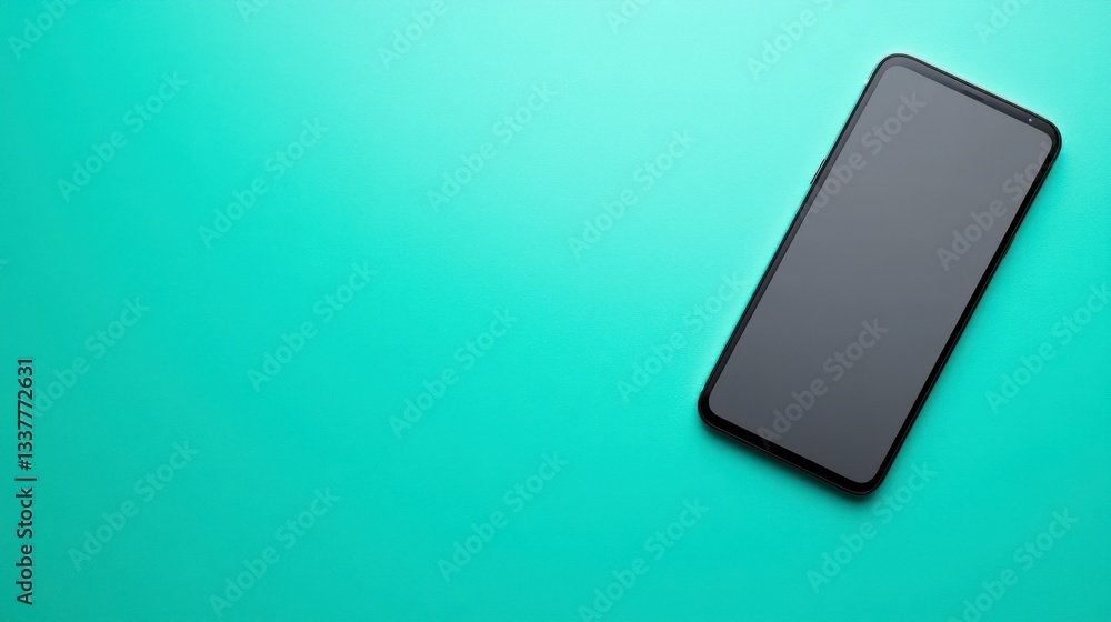 Black smartphone on a teal background. Top view. Blank screen. Copy space. Black smartphone on a teal background. Top view. Blank screen. Copy space.