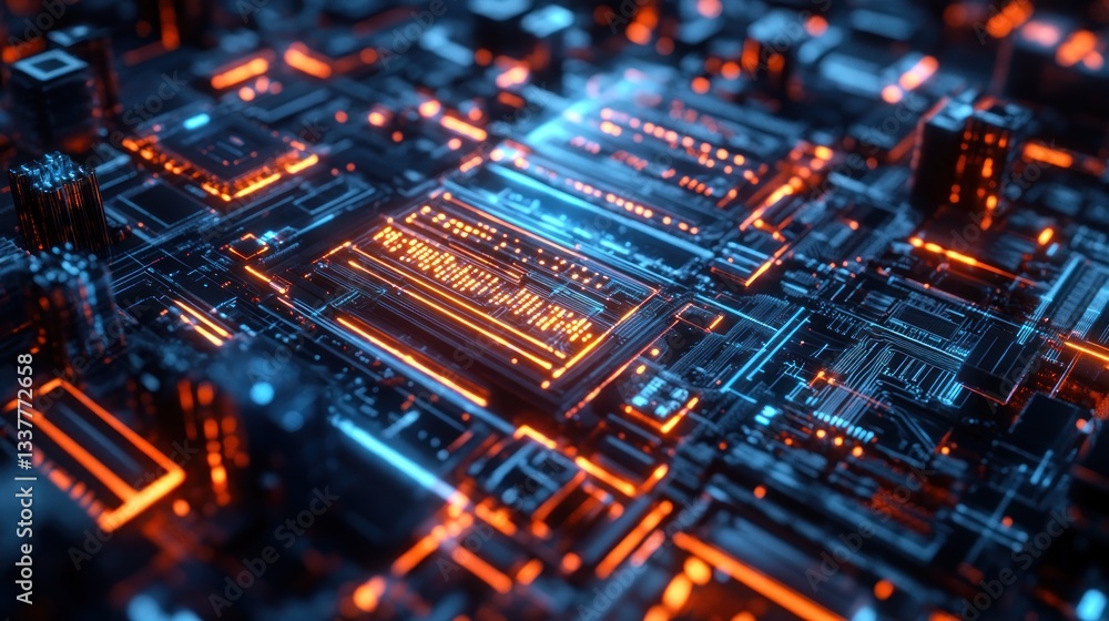 Obraz premium Complex quantum computer circuit board with glowing pathways and intricate design