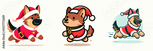 German Shepherd Dog wearing a Santa outfit runs joyfully a minimalist vector graphic depicting a festive canine