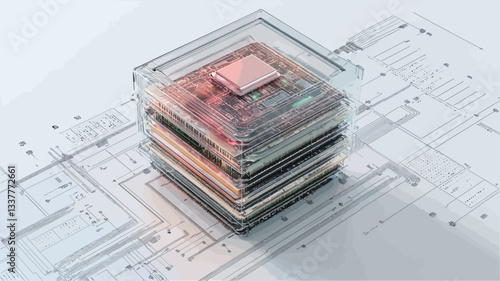 High-angle, close-up view of a stacked architectural model composed of several transparent blocks revealing internal layers.  The model rests on a blueprint or technical drawing showing floor plans