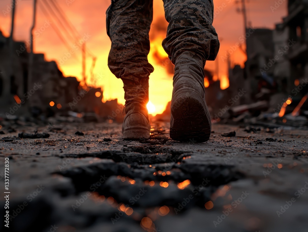 A soldier walks through a war-torn landscape at sunset, evoking resilience amidst destruction. A soldier walks through a war-torn landscape at sunset, evoking resilience amidst destruction.