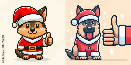 German Shepherd Dog wear Santa outfit Thumbs Up a simple vector graphic showing festive cheer